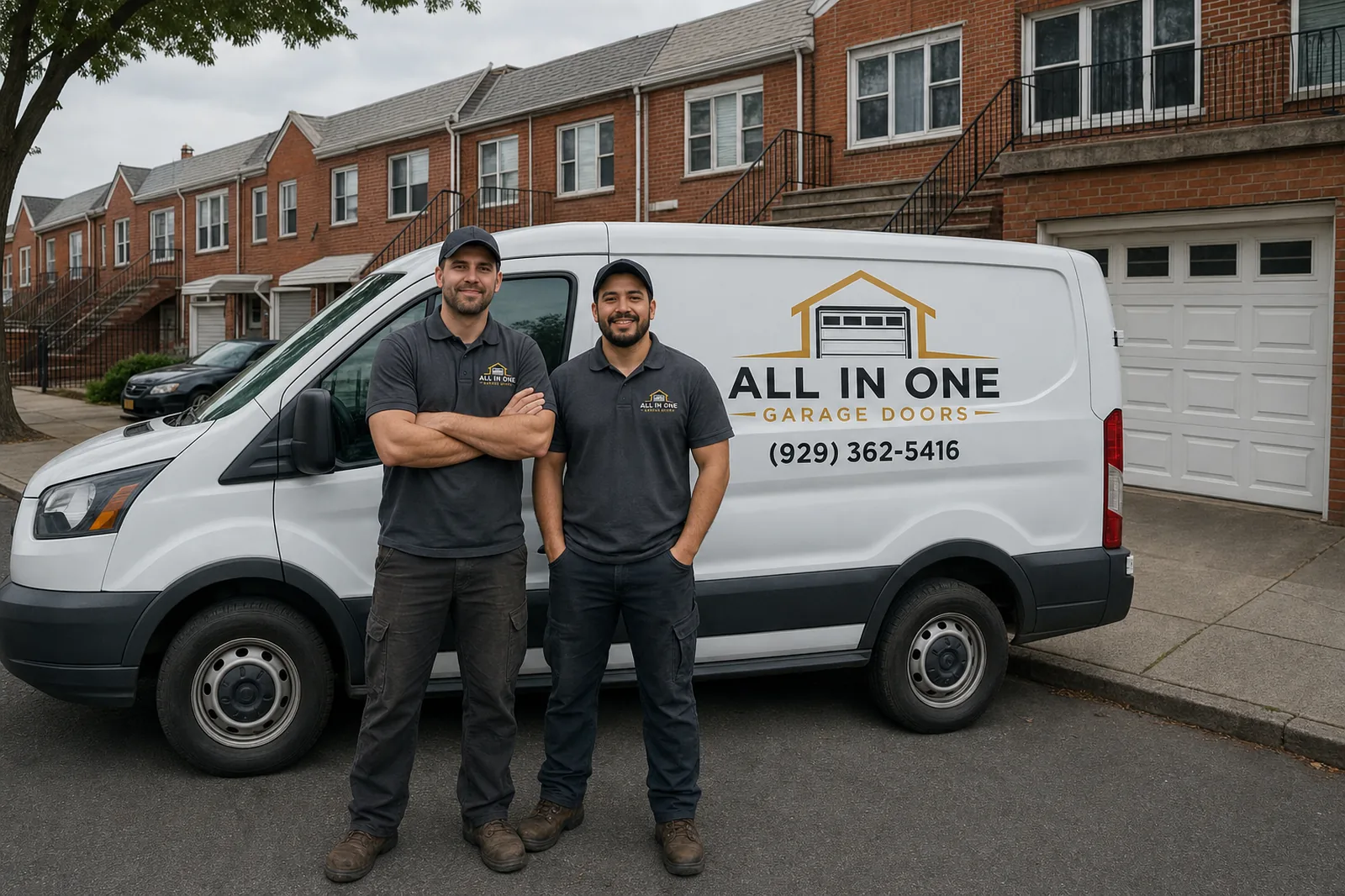 All In One Garage Doors technicians beside their service van on a Brooklyn street